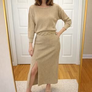 Vintage Gold Statement Sweater Skirt Set Midi boat neck top S/M Ballinger Gold